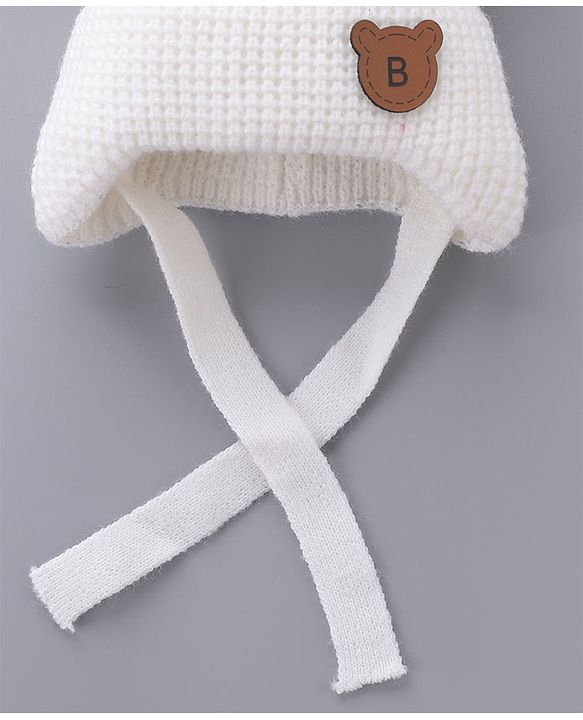 Babyhug Pom Pom Woollen Cap Teddy Design - White