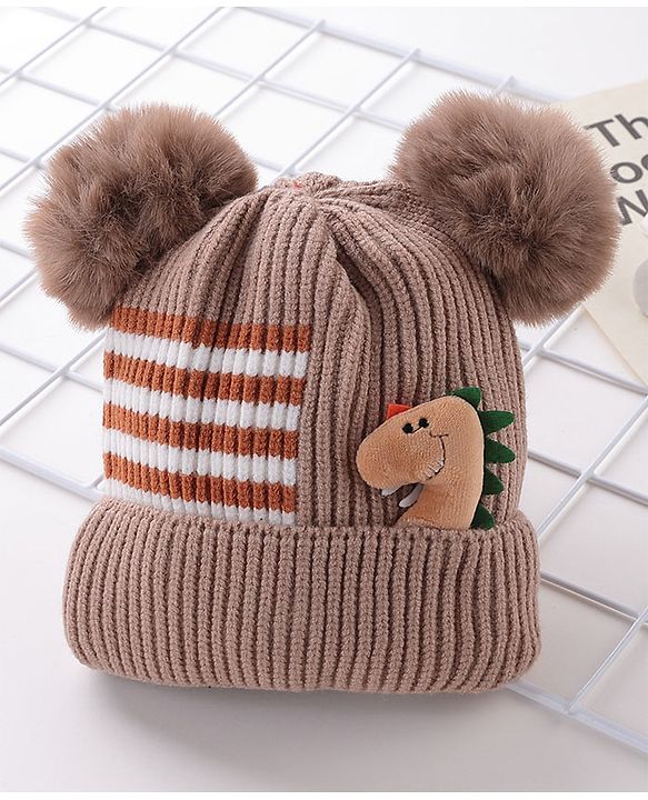 Babyhug Pom Pom Woolen Cap Dino Design - Brown