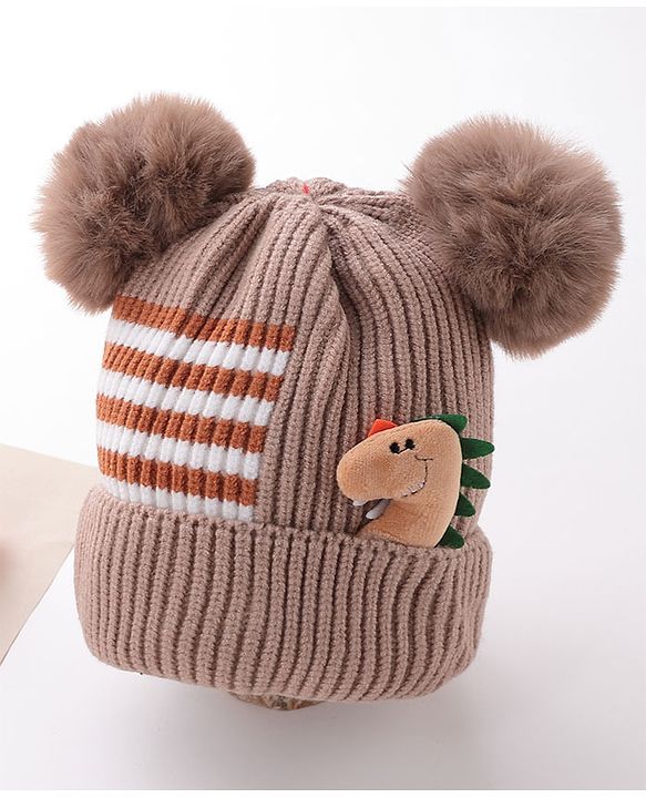 Babyhug Pom Pom Woolen Cap Dino Design - Brown