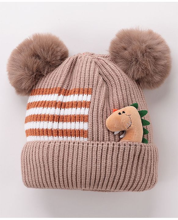 Babyhug Pom Pom Woolen Cap Dino Design - Brown