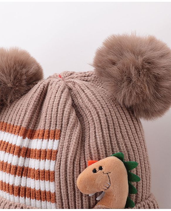 Babyhug Pom Pom Woolen Cap Dino Design - Brown