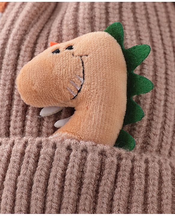 Babyhug Pom Pom Woolen Cap Dino Design - Brown