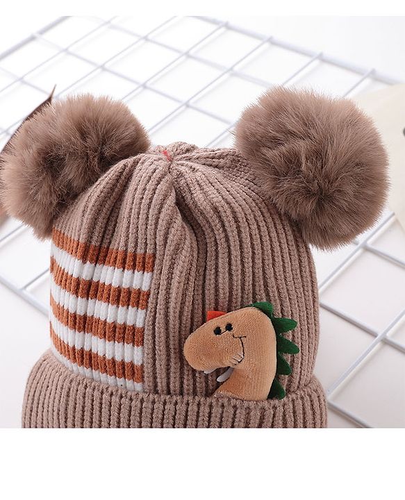 Babyhug Pom Pom Woolen Cap Dino Design - Brown