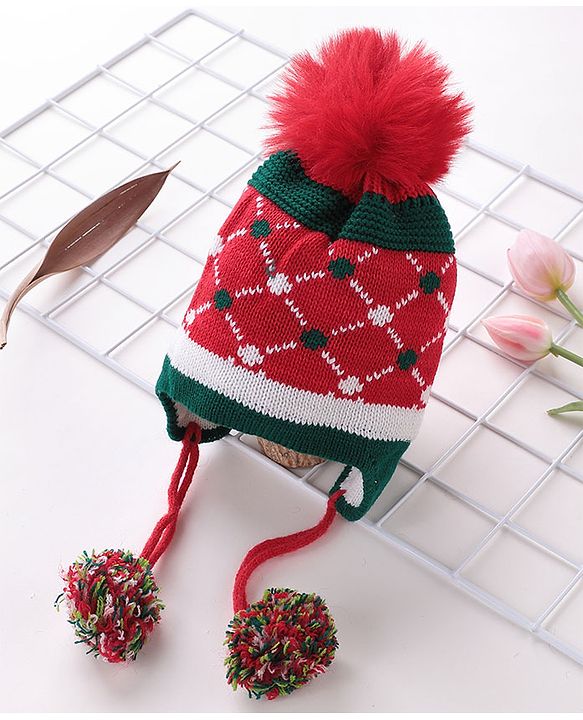 Babyhug Pom Pom Woolen Cap Argyle Design - Red