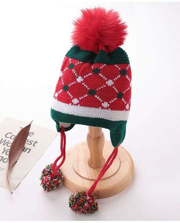 Babyhug Pom Pom Woolen Cap Argyle Design - Red