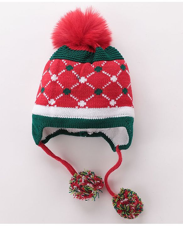 Babyhug Pom Pom Woolen Cap Argyle Design - Red