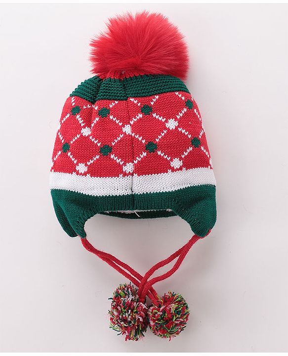 Babyhug Pom Pom Woolen Cap Argyle Design - Red