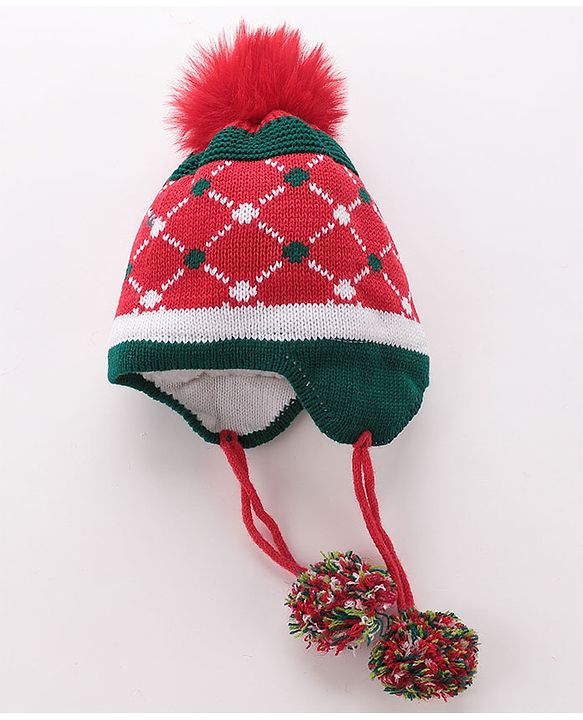 Babyhug Pom Pom Woolen Cap Argyle Design - Red