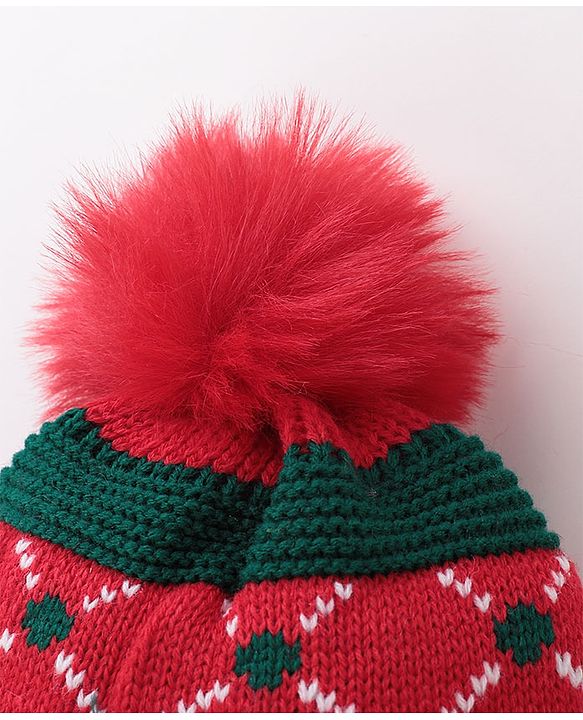 Babyhug Pom Pom Woolen Cap Argyle Design - Red