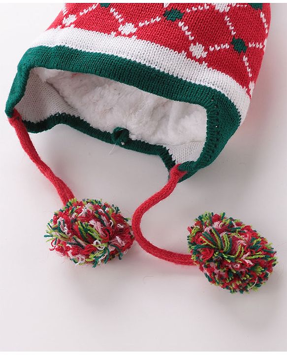 Babyhug Pom Pom Woolen Cap Argyle Design - Red