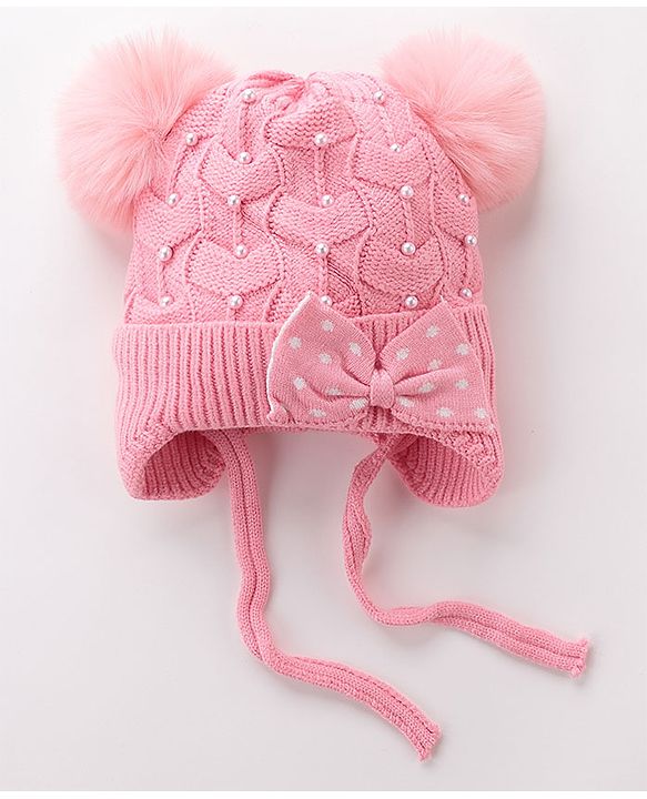 Babyhug Woollen Cap With Bow & Pompom - Pink
