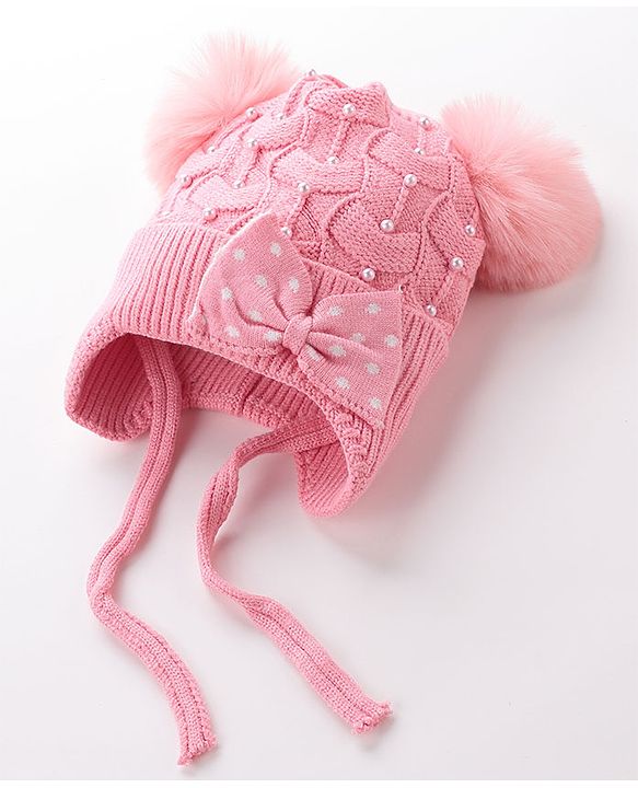 Babyhug Woollen Cap With Bow & Pompom - Pink