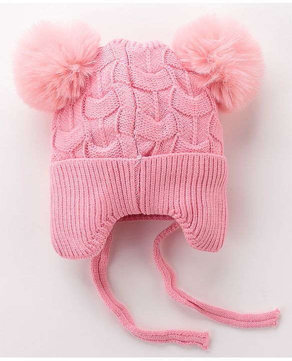 Babyhug Woollen Cap With Bow & Pompom - Pink