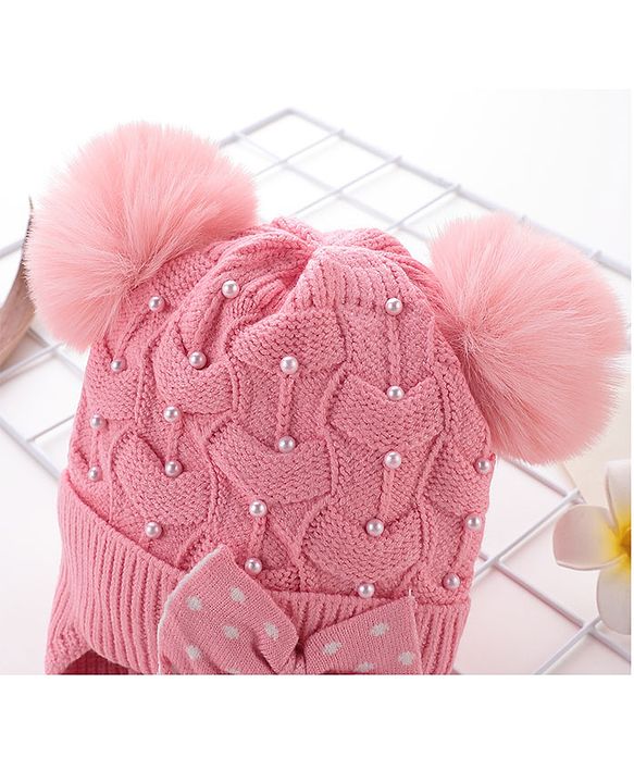 Babyhug Woollen Cap With Bow & Pompom - Pink