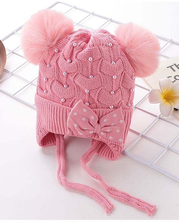 Babyhug Woollen Cap With Bow & Pompom - Pink