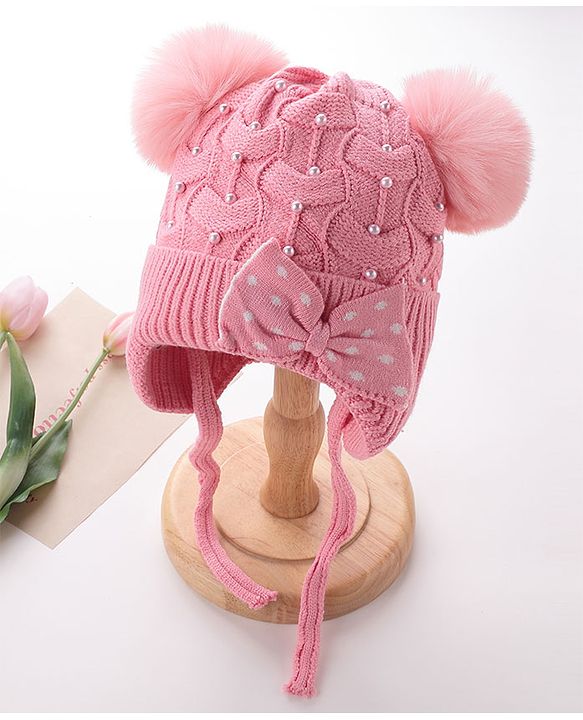 Babyhug Woollen Cap With Bow & Pompom - Pink