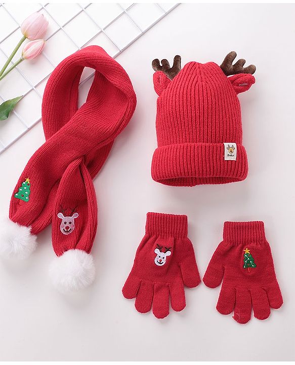 Babyhug Pom Pom Woolen Cap Gloves & Muffler Set Christmas Design - Red