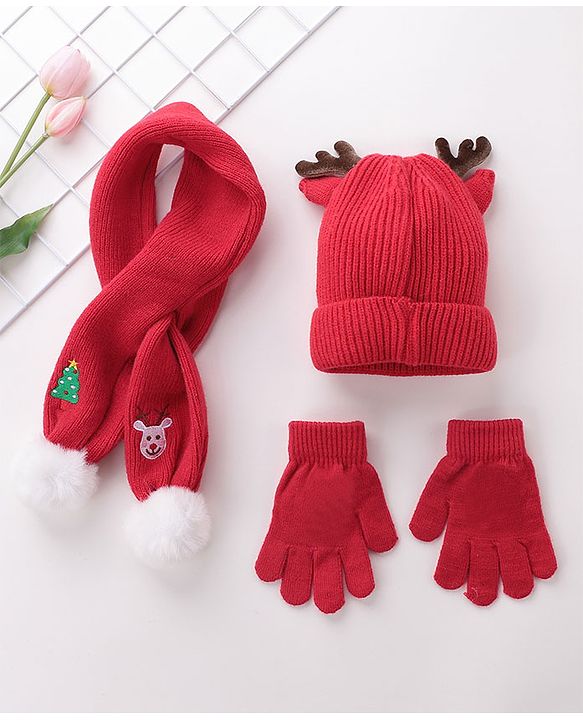 Babyhug Pom Pom Woolen Cap Gloves & Muffler Set Christmas Design - Red
