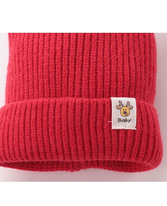 Babyhug Pom Pom Woolen Cap Gloves & Muffler Set Christmas Design - Red