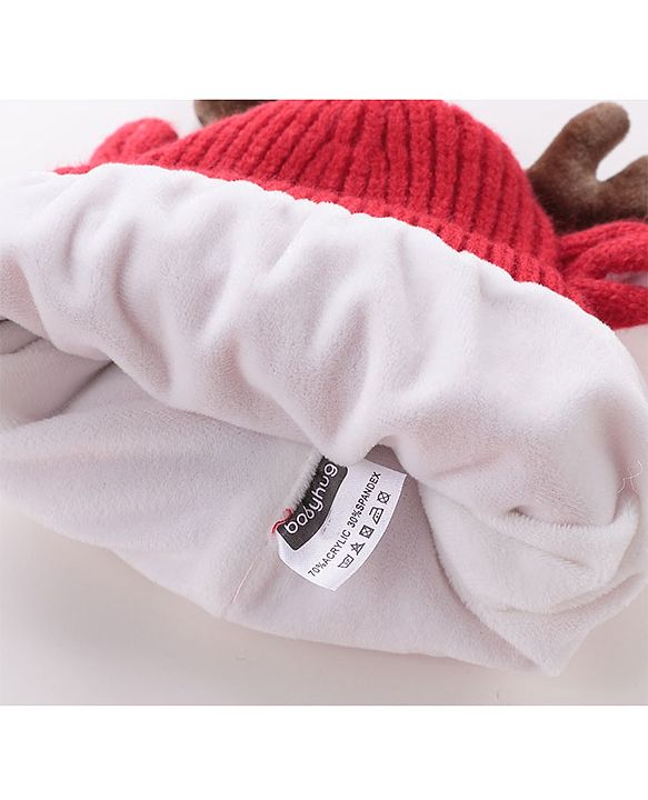 Babyhug Pom Pom Woolen Cap Gloves & Muffler Set Christmas Design - Red