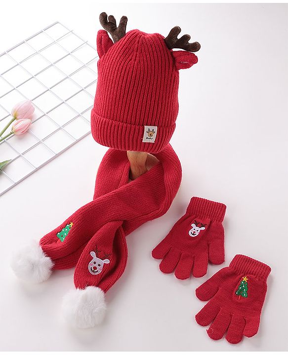 Babyhug Pom Pom Woolen Cap Gloves & Muffler Set Christmas Design - Red