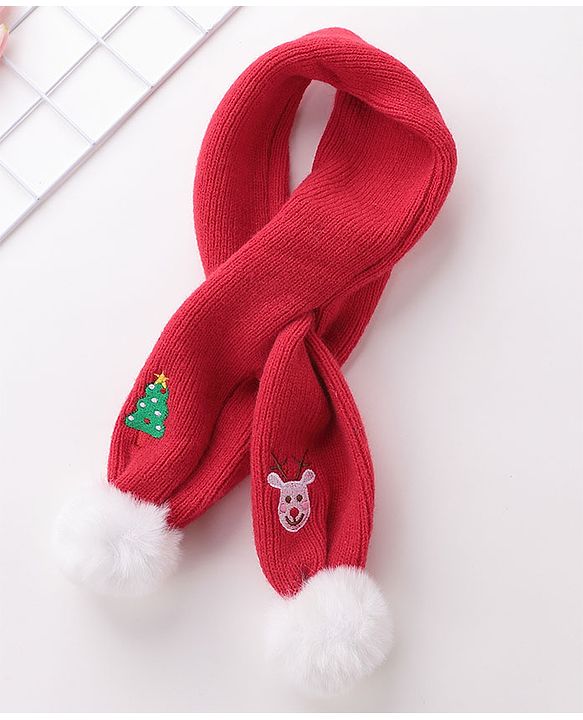 Babyhug Pom Pom Woolen Cap Gloves & Muffler Set Christmas Design - Red