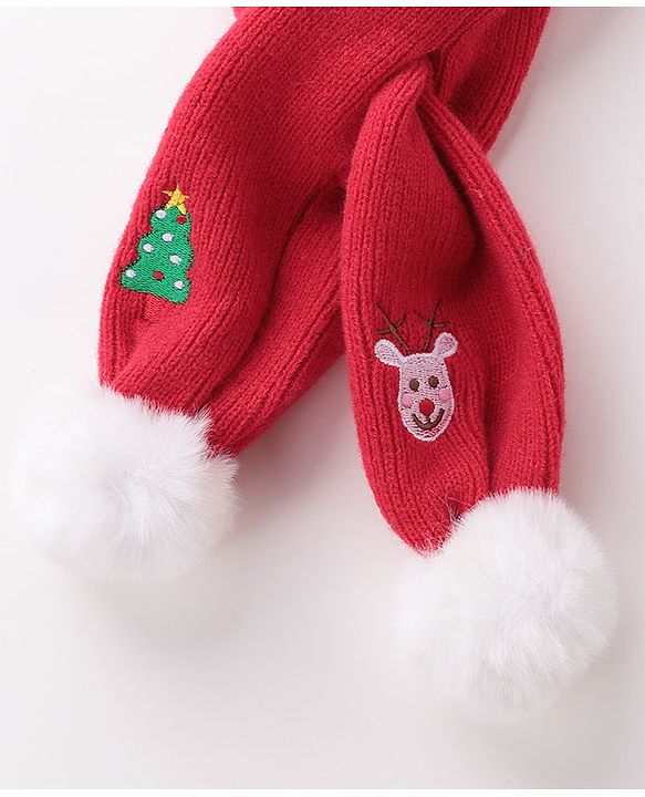 Babyhug Pom Pom Woolen Cap Gloves & Muffler Set Christmas Design - Red
