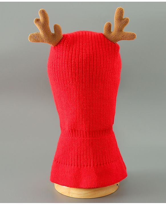 Babyhug Woollen Cap Reindeer Design - Red
