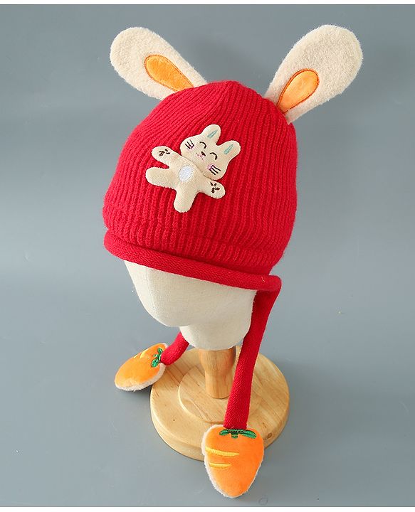 Babyhug Woollen Cap with Kitty Applique - Red