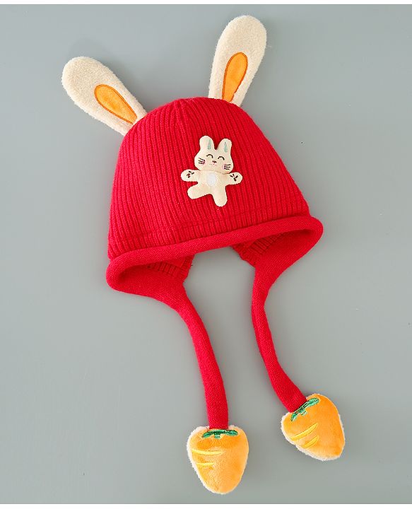 Babyhug Woollen Cap with Kitty Applique - Red