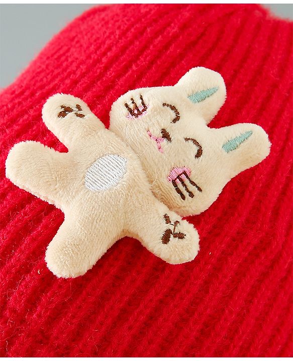 Babyhug Woollen Cap with Kitty Applique - Red