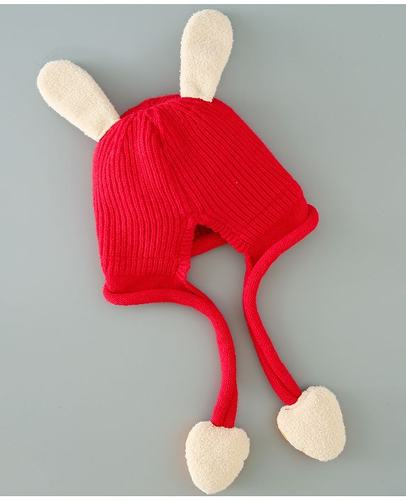 Babyhug Woollen Cap with Kitty Applique - Red