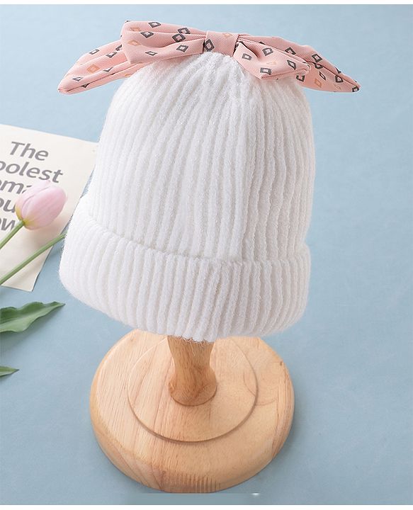 Babyhug Woollen Cap Bow Design Medium Size - White