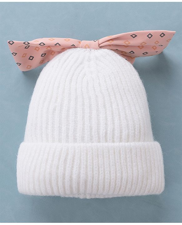 Babyhug Woollen Cap Bow Design Medium Size - White