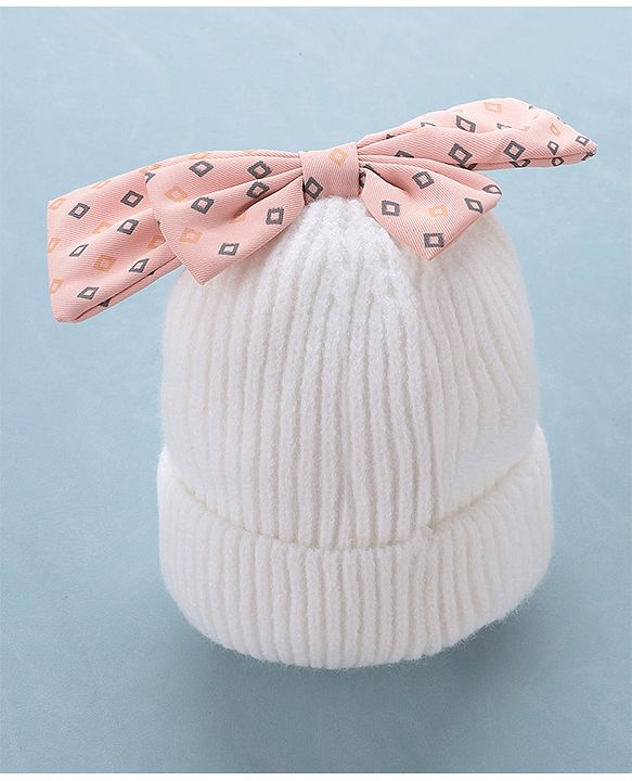 Babyhug Woollen Cap Bow Design Medium Size - White