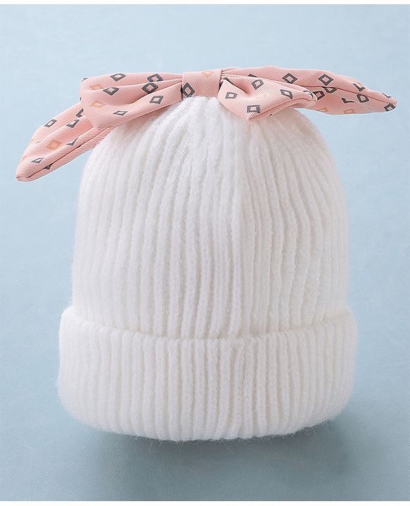 Babyhug Woollen Cap Bow Design Medium Size - White
