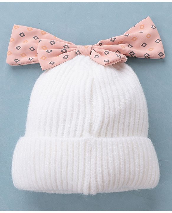 Babyhug Woollen Cap Bow Design Medium Size - White