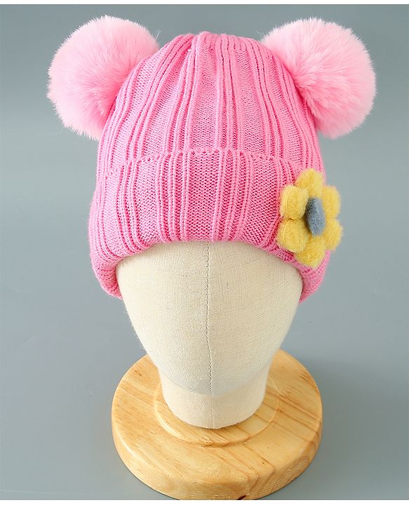 Babyhug Woollen Pom Pom Cap Floral Applique Medium Size - Pink