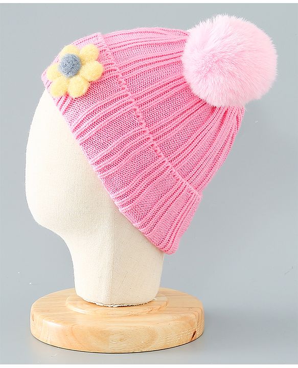 Babyhug Woollen Pom Pom Cap Floral Applique Medium Size - Pink