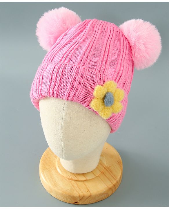 Babyhug Woollen Pom Pom Cap Floral Applique Medium Size - Pink