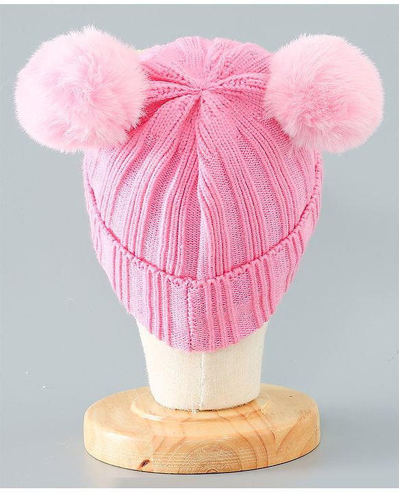 Babyhug Woollen Pom Pom Cap Floral Applique Medium Size - Pink