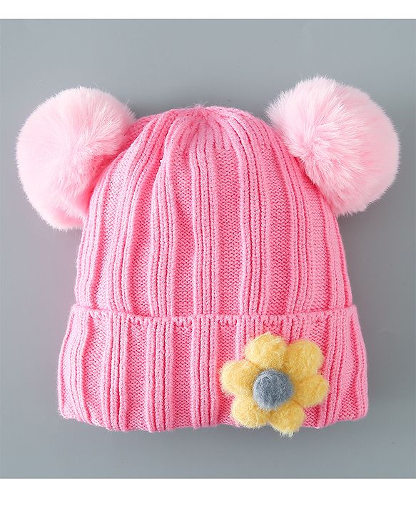Babyhug Woollen Pom Pom Cap Floral Applique Medium Size - Pink