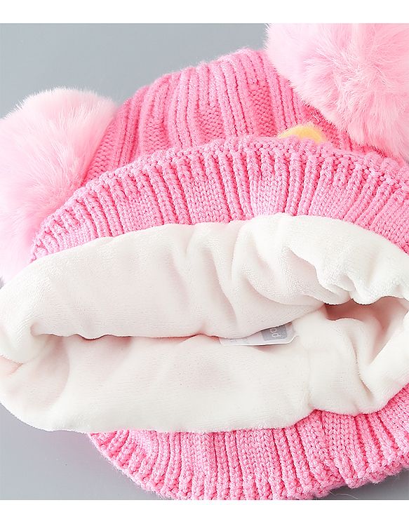 Babyhug Woollen Pom Pom Cap Floral Applique Medium Size - Pink
