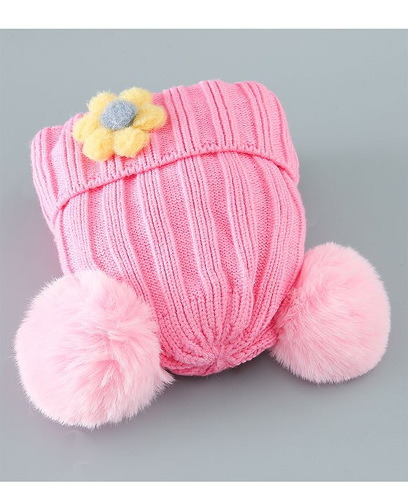 Babyhug Woollen Pom Pom Cap Floral Applique Medium Size - Pink