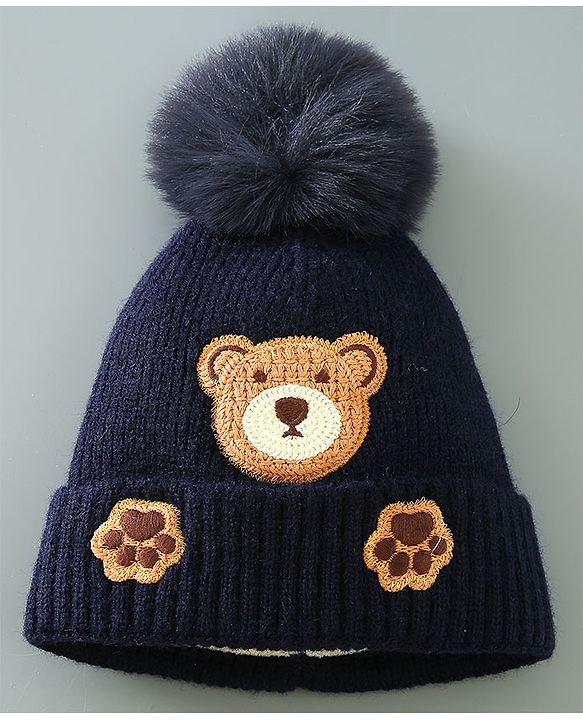 Babyhug Woollen Cap With Teddy Embroidery Blue - Diameter 10.5 cm