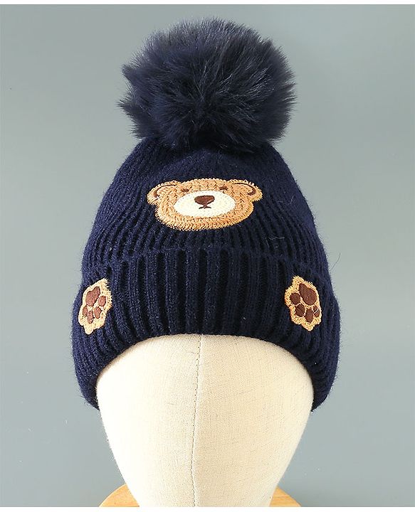 Babyhug Woollen Cap With Teddy Embroidery Blue - Diameter 10.5 cm