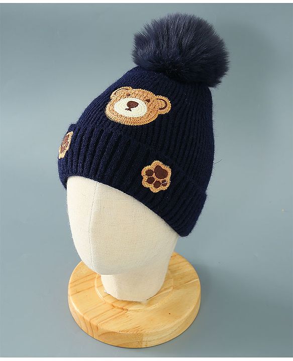 Babyhug Woollen Cap With Teddy Embroidery Blue - Diameter 10.5 cm