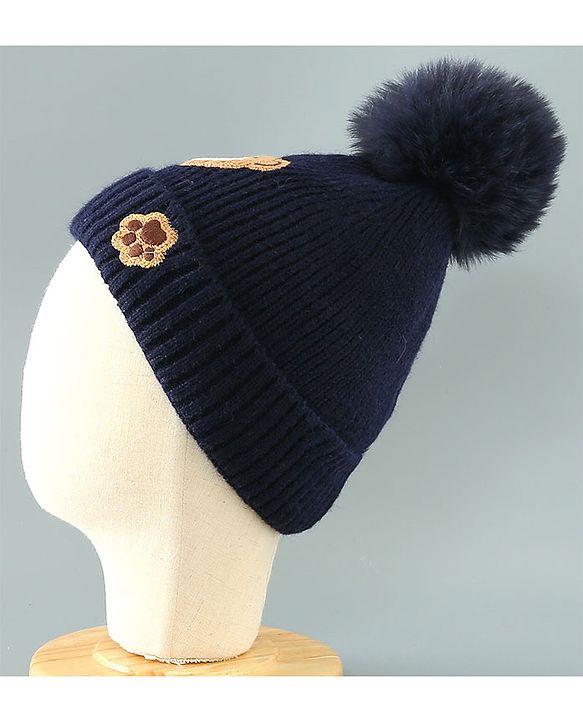 Babyhug Woollen Cap With Teddy Embroidery Blue - Diameter 10.5 cm