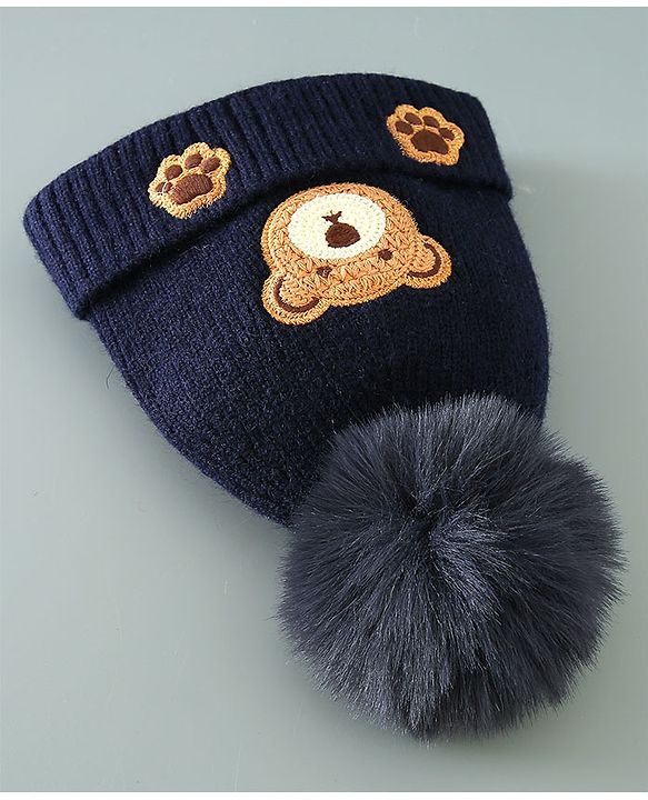 Babyhug Woollen Cap With Teddy Embroidery Blue - Diameter 10.5 cm