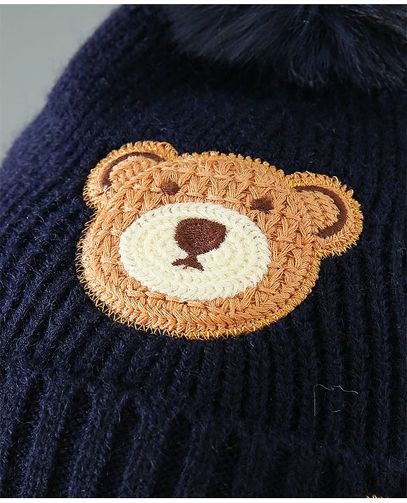 Babyhug Woollen Cap With Teddy Embroidery Blue - Diameter 10.5 cm